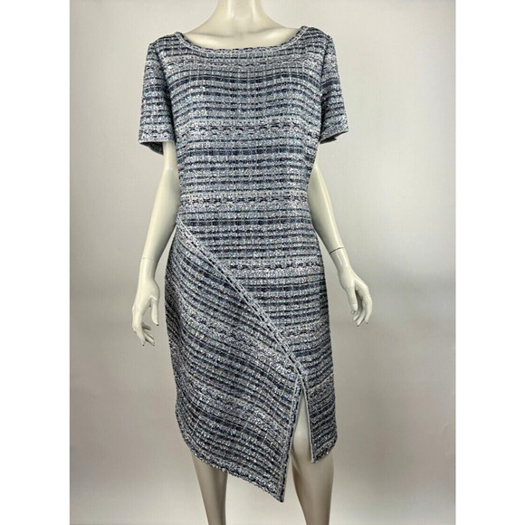 ST JOHN Metallic Knit Dress In Navy & Silver With Asymmetric Hem SIZE 10